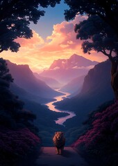 Poster - Lion sunset valley road landscape art