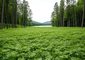 Poster - Lush green field, lake view, forest backdrop, serene nature