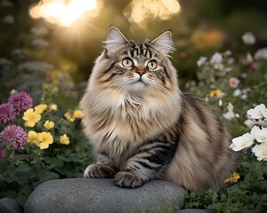 Majestic cat garden sunset portrait