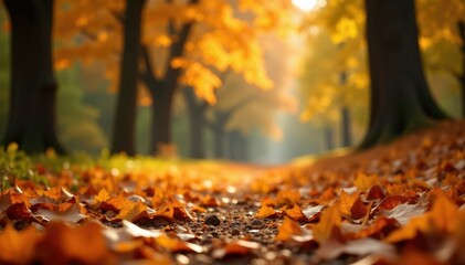 Wall Mural - Warm ocher leaves fall on golden soil amidst autumn foliage, orange, decay