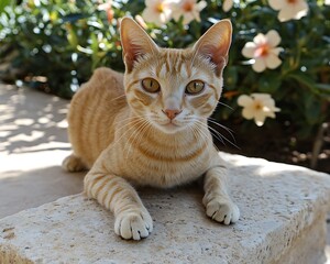 Poster - Orange tabby cat garden portrait, flowers background