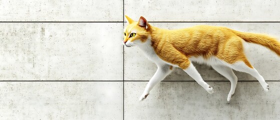 Poster - Orange tabby running concrete wall; textured background