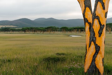 Wall Mural - Orange-barked tree, savanna, mountains, calm; nature poster