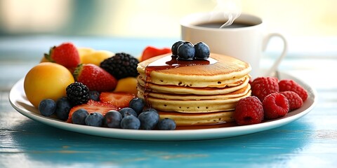 Canvas Print - Pancakes, berries, coffee breakfast