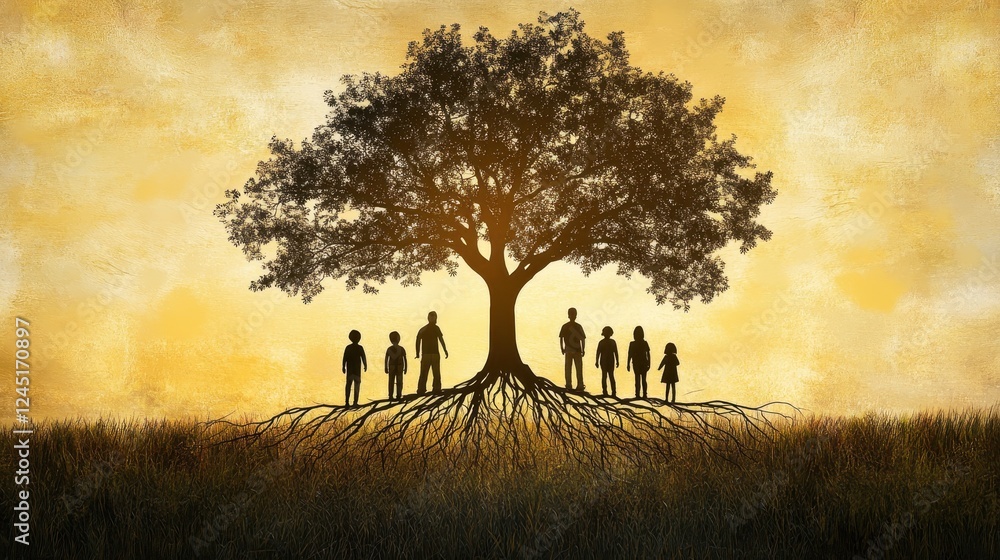 Generational Tree Roots Silhouette family stands beneath large tree roots, golden sunset ...