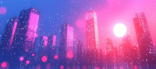 Wall Mural - pink city skyline, sunset, bokeh, futuristic. website banner
