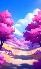 Poster - Pink trees path, spring landscape, game background