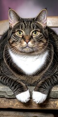 Poster - Plump tabby cat sits on wood, blurred background, pet portrait