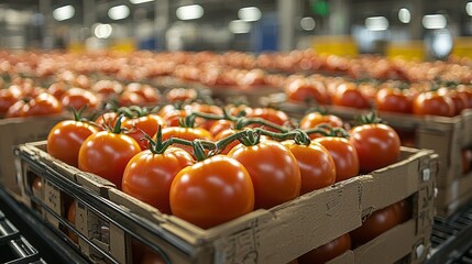 Wall Mural - Ripe tomatoes in crates on conveyor belt, factory background, food production