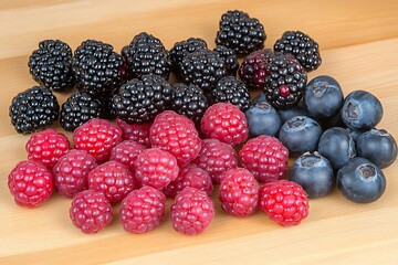 Canvas Print - Raspberries, blackberries, blueberries on wood