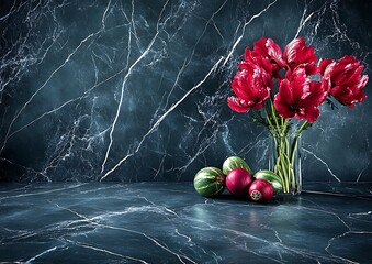 Poster - Red flowers, marble, Easter eggs, dark background