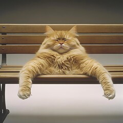 Poster - Relaxed cat park bench nap, outdoors, serene background