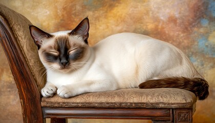 Poster - Relaxed Siamese cat sleeping chair studio backdrop