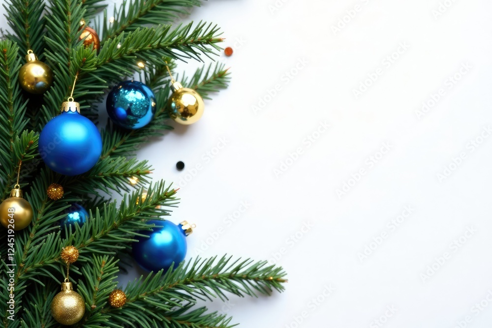 Blue and gold ornaments scattered around a decorated evergreen tree branch on a bright white background, background, white