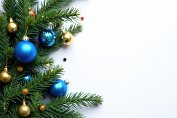 Wall Mural - Blue and gold ornaments scattered around a decorated evergreen tree branch on a bright white background, background, white