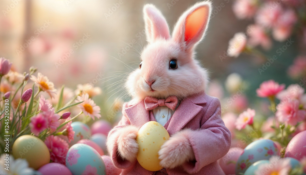 pink fluffy Rabbit is dressed in a fashion vintage suit, holding a ...