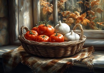 Canvas Print - Rustic Windowsill Tomatoes Garlic Autumn Still Life