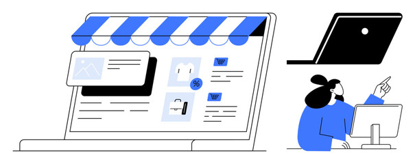 Laptop with an e-commerce storefront, awning, shopper icons, price tags, user at desk, pointing at screen. Ideal for e-commerce, online shopping, customer service digital marketing web development