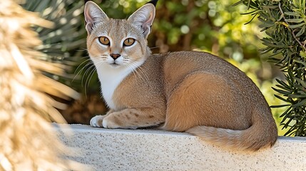 Wall Mural - Sand cat resting, desert garden, sunlit