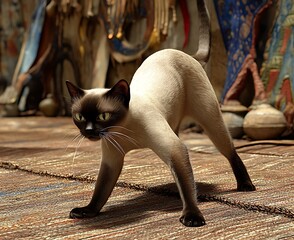 Poster - Siamese cat poised, ancient artifacts background, rug, alert