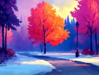 Poster - Snowy park path, autumn tree, lamppost, sunrise