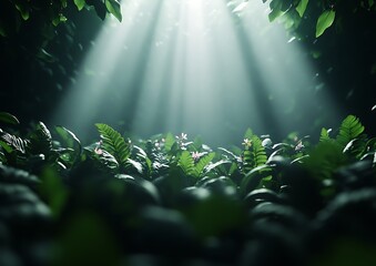 Wall Mural - Sunbeams illuminate rainforest flora, lush green undergrowth, mystery