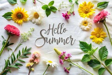  Hello Summer! Flat Lay with Flowers and Greenery on White Blanket