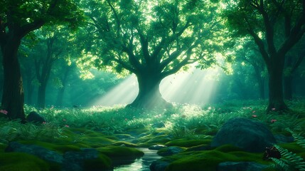 Poster - Sunlit forest stream, ancient tree, misty background, fantasy game