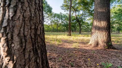 Poster - Sunlit Forest Trail, Trees, Morning, Peaceful, Nature, Background