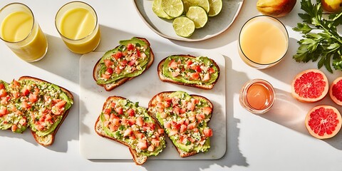 Canvas Print - Sunny avocado toast breakfast, citrus juice