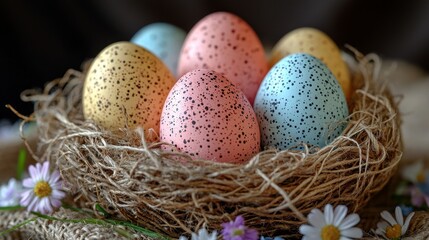 Sticker - Colorful speckled easter eggs in nest with flowers