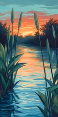 Poster - Sunset River Landscape Reeds & Calm Water