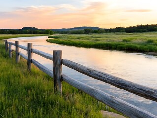 Poster - Sunset river, fence, plains, calm, idyllic