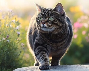 Poster - Tabby cat garden stroll sunset flowers pet