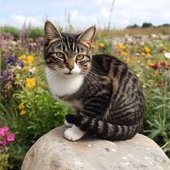 Poster - Tabby cat posing on rock, wildflowers, summer