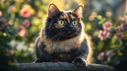 Wall Mural - Tortoiseshell cat in garden sunset