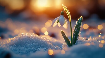 Wall Mural - Snowdrop flower blooming in frosty sunrise landscape