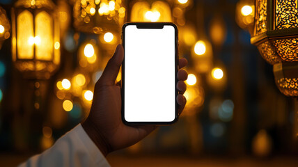 Wall Mural - A man holds a cell phone with a white screen against the background of hanging decorative carved Islamic lanterns with burning candles inside. Phone mockup. Celebration of the feast of thanksgiving