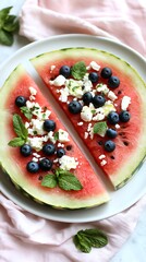 Canvas Print - Watermelon, feta, blueberry summer salad on plate