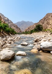 Poster - Wadi river flows, desert mountains backdrop, travel