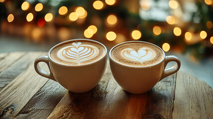 Two beautifully crafted coffee cups with latte art sit on a wooden table, festive bokeh lights.