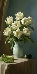 Poster - White flowers vase still life, table, room