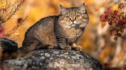 Poster - Wildcat autumn forest rock portrait