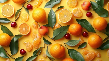 Wall Mural - Vibrant Flat Lay of Oranges Mandarins Cherries and Green Leaves on Yellow Background