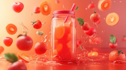 Wall Mural - A boxed juice carton with floating fruit elements around it, surreal and artistic beverage design.