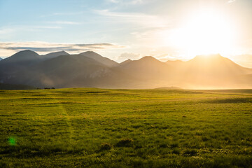 setting sun over cattle range land