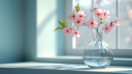 Wall Mural - Delicate pink blossoms in clear glass vase by sunny windowsill