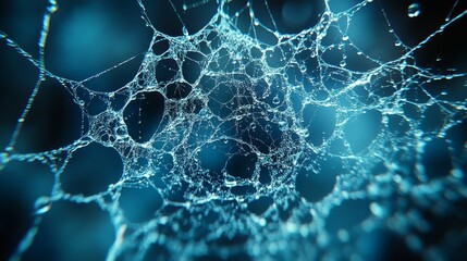Sparkling Spider Web: Close-Up View of Dew Drops Glistening on Fragile Web Threads in Nature's Artistry