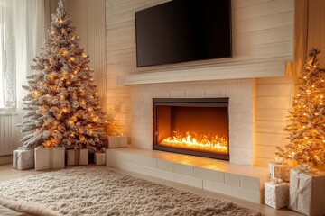 Wall Mural - Cozy Christmas living room with electric fireplace, lighted trees, and large flat-screen TV above roaring fire. Festive holiday decor for relaxation.