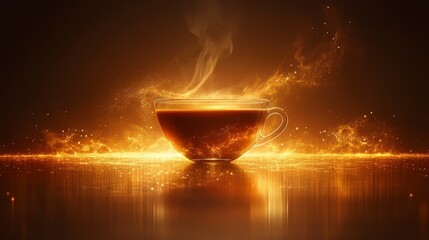 Wall Mural - Fiery hot beverage in glass cup, dark background, sparks